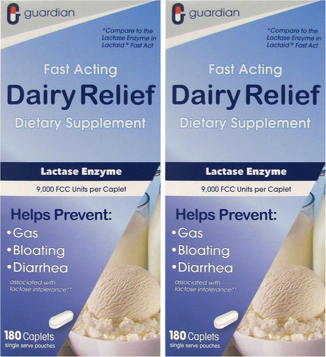 [BRSWGEA3CIMW2AD7] Guardian Dairy Relief Fast Acting Lactase, 360 Caplets, 9000 FCC 최대 힘, Lactose Intolerance 알약, Lactase 효소 보충교재 (360 CT)