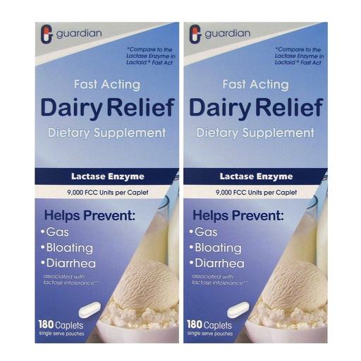 [BRSWGEA3CIMW2AD7] guardian Dairy Relief Fast Acting Lactase, 360 Caplets, 9000 FCC Maximum Strength, Lactose Intolerance Pills, Lactase Enzyme Supplement (360 CT)