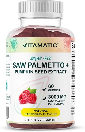 [BRSROBAROV5QGYLP] Vitamatic Sugar-Free Saw Palmetto with Pumpkin Seed – 3000 mg Equivalent per Serving – Natural Raspberry Flavor – 60 Gummies