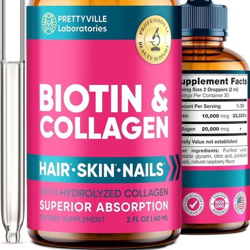 [BRSWYZ34CUJQ4AIY] Liquid Collagen & Biotin for Women - 30000mcg Hair Growth Complex - Made in USA - Hydrolyzed Collagen & Biotin Oil for Hair Growth, Healthy Skin & Nails - Vegan Collagen & Biotin Source - 2 fl oz