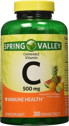 [BRSROZYPAQHRAAIZ] Spring Valley - Vitamin C Multiple Fruit Flavors 500 mg, 200 Chewable Tablets (2 Pack) + 1 Mini Travel Pill Container with Keychain(Colors May Vary)