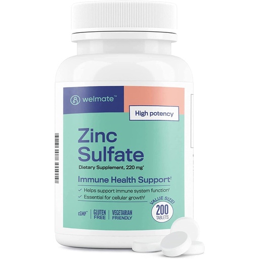 [BRSW2GQ6BMJWYCQ7] WELMATE Zinc Sulfate 220 mg (50 mg Elemental Zinc) High Potency Tablets, 200 Count (200 Day Supply) - Immune Support Dietary Supplement for Men & Women - Skin & Hair Health - Vegetarian, Gluten Free