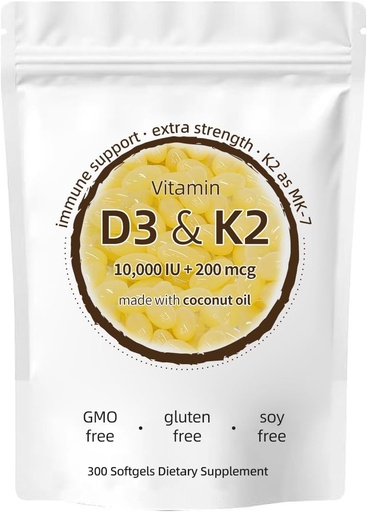 [BRSRAATQOAPBSELG] Vitamin D3 K2 Supplement, 10000 IU D3 + 200 MCG K2, 300 Softgels, Non-GMO, Gluten-Free
