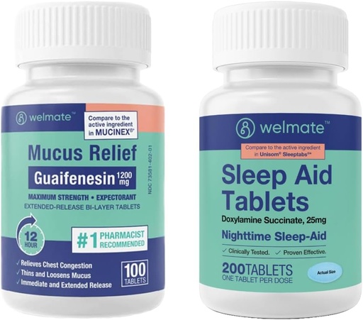 [BRSROBQ3O4OWYHTO] WELMATE Nakts Wellness Bandle: maksimālā stipruma Guaifenesin 1200mg Mucus Relief (100 Ct) & Doxylamine Succinate 25mg Miega palīglīdzeklis (200 Ct)