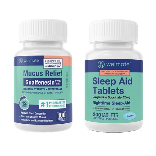 [BRSROBQ3O4OWYHTO] WELMATE Nighttime Wellness Bundle: Maximum Strength Guaifenesin 1200mg Mucus Relief (100 Ct) & Doxylamine Succinate 25mg Sleep Aid (200 Ct) | Extended Relief for Restful Sleep