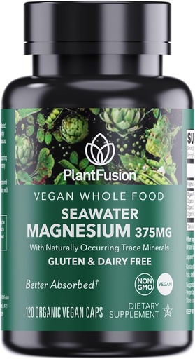 [BRSRAAYLCF5GOHLU] PlantFusion Vegan Magnesium Complex 375mg from Sea Water, Bioavailable Marine Magnesium with Fermented Organic Whole Food Blend, Non-GMO, Muscle & Relaxation Support, 120 Cap