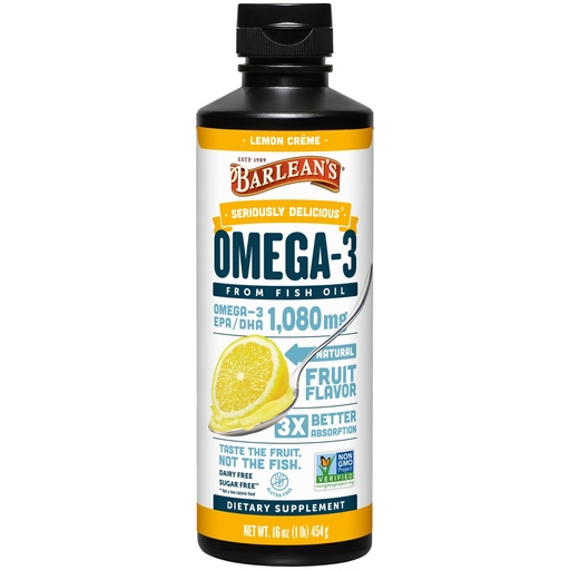 [BRSWIYA7B4JWYG32] Barlean's Omega 3 Fish Oil Liquid Supplement for Men and Women, 1080mg of EPA and DHA Fatty Acid, Promotes Brain & Heart Health - Non-GMO, Lemon Crème, 16 oz