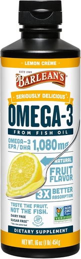 [BRSWIYA7B4JWYG32] Barlean's Omega 3 Fish Oil Liquid Supplement voor mannen en vrouwen, Citroen Crème, 1080mg Omega 3 EPA en DHA vetzuur, 16 oz