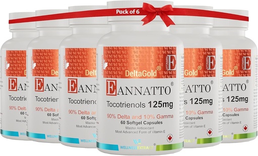 [BRSWYHD5AAIBSDYY] WELLNESS EXTRACT Eannatto Tocotrienols Deltagold 125mg, Vitamin E Tocotrienols Suplementos 60 Softgel, Tocopherol Free, Non-GMO, Gluten Free & Antioxidant (Pack of 6)
