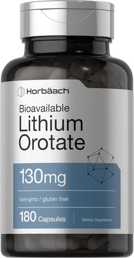 [BRSWGBAEDEOQMGTD] Horbäach Litija orotāts 130 mg  - 180 Kapsulas - ne-GMO, nesatur lipekli - 5 mg Biopieejamais Elementālais litijs