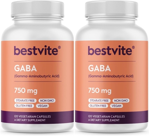 [BRSWGFDQPJYGAFY7] BESTVITE GABA 750 мг на капсулу (240 вегетарианских капсул) (120 x 2) - Нет стеаратов - нет наполнителей - Веган - Глютен свободный - Не ГМО