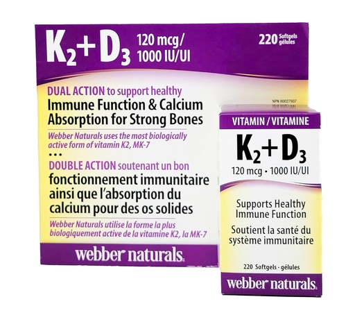 [BRSRMAYKAQPAI33Z] Webber Naturals K2 + D3 120 mcg/1000 IU, Supports Healthy Immune Function - 220 softgels