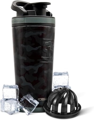 [BRSRAFQYBF5AG3L6] Ice Shaker Insulated Stainless Steel Shaker Bottle | 26oz, Black camo | Cold for 30+ Hours | Insulated Cup with Twist-on Agitator | Odor-Free Bottle for Protein Shakes, Water, Smoothies, Cocktails
