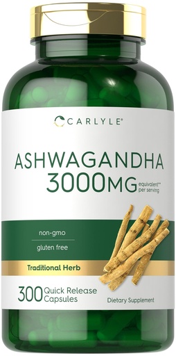[BRSROCAPOQFRA3TD] Carlyle Ashwagandha Supplement for Women and Men | 300 Capsules | Herb Root Extract with Black Pepper | Non-GMO and Gluten Free
