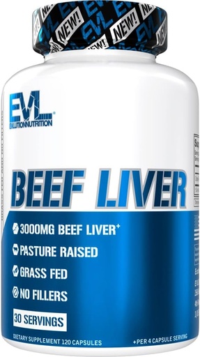 [BRSRMBQOOECBM3L2] Evlution Grass Fed Beef Liver Capsules - Pasture Raised Desiccated 3000mg - Suplemento de Energía Inmunity and Liver Support - Iron Rich Beef Organ Supplement for Men and Women (30 Servings)