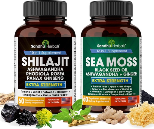 [BRSROCYYAV6WCAL3] SANDHUHERBALS Sandhu Herbals Bundle - Sea Moss, Shilajit, Black Seed Oil, Ashwagandha, Ginger, Rhodiola Rosea, Panax Ginseng, Stinging Nettle