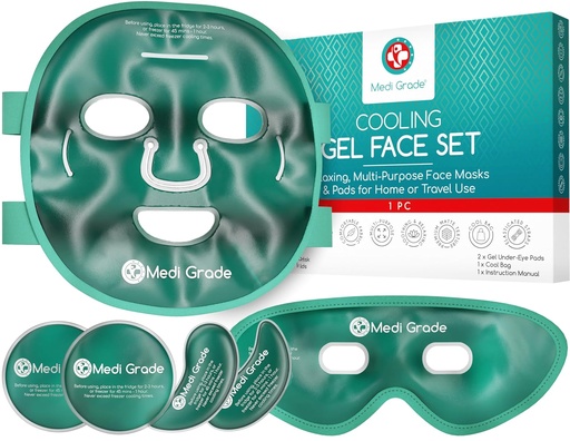 [BRSWYZADA4PR6G3H] Medi Grade Cooling Ice Face Mask and Cooling Eye Mask for Puffy Eyes & Migraine Relief - Self Care Face Ice Pack with ChillGel Face Ice Mask Technology - Cooling Face Mask, Eye Pads and Bag