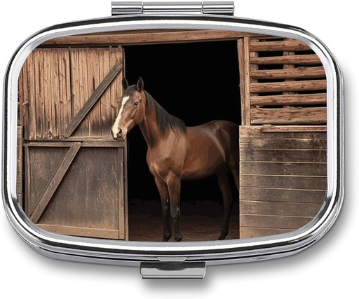 [BRSRAEIKOIHWCDQZ] Square Pill Case 2 Compartment Barn Horse Pill Box Mini Medicine Pill Organizer Portable Travel Pillbox for Pocket Purse Metal Pill Container for Vitamins Fish Oil Supplements