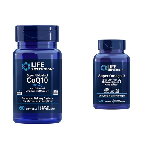[BRSROCYKPJ7BO3LV] Life Extension Super Ubiquinol CoQ10 with Enhanced Mitochondrial Support, ubiquinol CoQ10 & Super Omega-3 EPA/DHA Fish Oil, Sesame Lignans & Olive Extract - Omega 3 Supplement