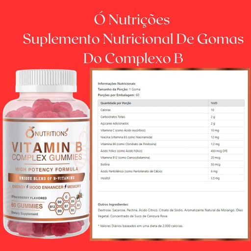 [BRSWYZAEOUMGYFY2] O NUTRICIONES Complejo de vitamina B Gummies Vegan con vitamina B12, B7 como Biotina, B6, B3 como Niacina, B5, B6, B8, B9 como Folato para el Sistema de Estrés, Energía e Inmunes Saludables (2 Pack)