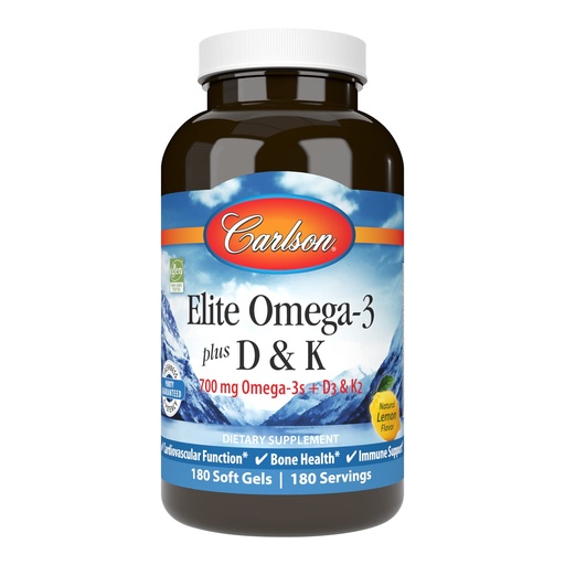 [BRSWGFAPOAMQGCLP] Carlson - Elite Omega-3 Plus D & K, 700 mg Omega-3s + D3 & K2, Function, Bone Health & Immune Support, Lemon, 180 Softgels