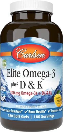 [BRSWGFAPOAMQGCLP] Carlson - Elite Omega-3 Plus D & K, 700 mg Omega-3s + D3 & K2, Funtzioa, Hezur Osasuna eta Immune euskarria, Lemon, 180 Softgels