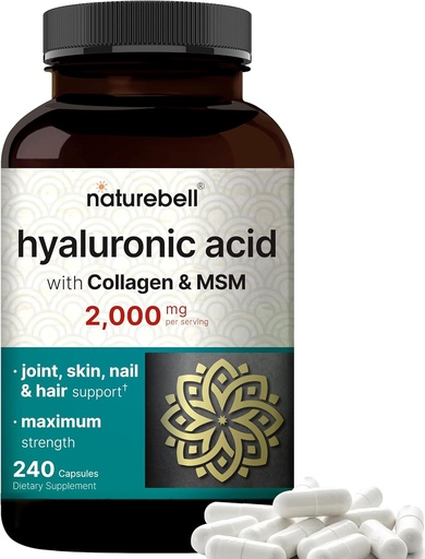 [BRSWKFQZCR6BMF3M] NatureBell Hyaluronic Acid Suplemen 2.000 mg 124; 240 Kapsul, dengan MSM & Hydrolyzed Bovine Collagen - 3 dalam 1 Dukungan untuk Hidration Skin, Lubrikasi Gabungan, Rambut, dan Kesehatan Mata