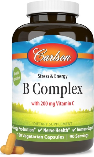 [BRSRAZQ6CQFBAE33] Carlson - B Complex Balanced B Vitamins with Vitamin C - Stress, Energy & Immune Vitamin B Complex for Women & Men - 180 Vegetarian Capsules