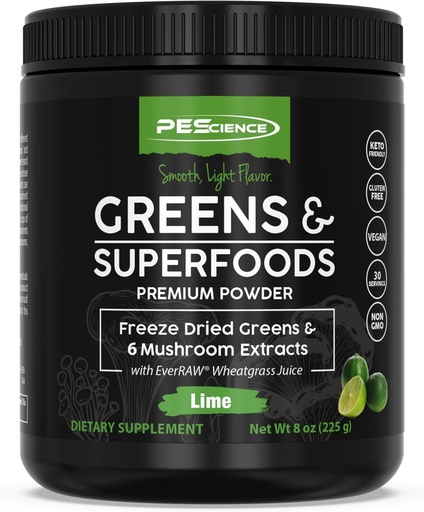 [BRSRMY32OQHAACIV] Poudre PEScience Greens Superfood avec Chlorophylle naturelle, Reishi & Turkey Tail Poudres de champignons, Kale séché au gel, Épinards, Sprouts de brocoli, Saveur de Lime, 30 portions