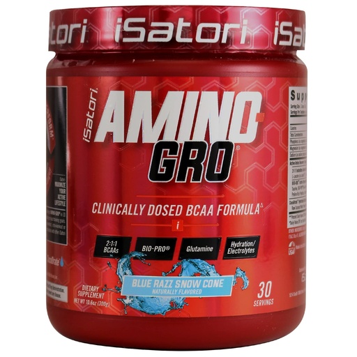 [BRSWKEDRBB6BQCAV] iSatori Amino-GRO BCAA Powder, Branched Chain Amino Acids with Glutamine, Electrolyte Powder & Bio-GRO Bio-Active Peptides for Muscle Growth & Post Workout Recovery, Blue Razz Snow Cone (30 Servings)