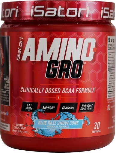 [BRSWKEDRBB6BQCAV] iSatori Amino-GRO BCAA Powder, Branched Chain Amino Acids with Glutamine, Electrolyte Powder & Bio-GRO Bio-Active Peptides for Muscle Growth & Post Workout Recovery, Blue Razz Snow Cone (30 Servings)