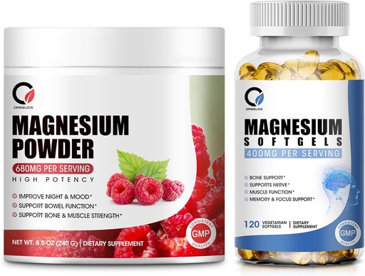 [BRSRAGL3CUFRUYLO] Magnesium Glycinate 400mg Softgels & 680mg Magnesium Glycinate Complex Powder for Calm, Night & Muscle Support - Vegan, Non GMO