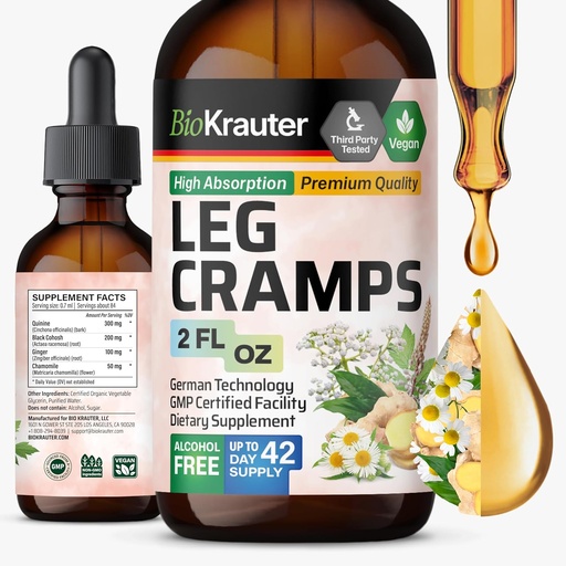 [BRSROGAZCB5QYDQ6] BIO KRAUTER Leg Cramps Tincture with Quinine - Ginger & Chamomile Liquid Extracts for Leg Cramps - Natural Alcohol & Sugar Free Formula - Vegan Drops 2 Fl.Oz.