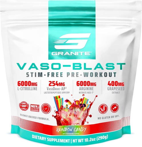 [BRSWGFAHC56A4CYY] Granite Supplements Vaso Blast, Rainbow Candy Flavor, Stimulant-Free Pre Workout for Men & Women with Grapeseed Extract, Arginine Nitrite, & VasoDrive-AP for Max Pump (20 Servings)