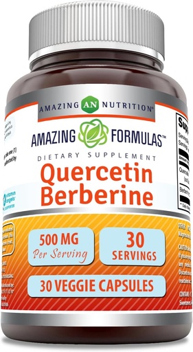 [BRSROCD6B4CBOFDP] Amazing Formulas Quercetin Berberine | 250 Mg Berberine ve 250 Mg Quercetin | Veggie Capsules Supplement | Non-GMO | Gluten Free | Made in USA (30 Count)