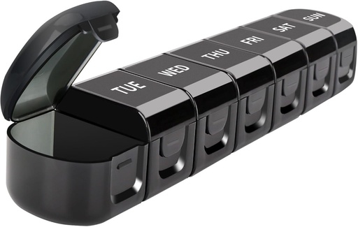 [BRSRA2Y2C4HQGGYU] Daily Pill Organizer, 7 komponenti eemaldatav meditsiinikarbi konteiner, must, reisi suurus Vitamiinide planeerija meeldetuletus, kaasaskantavad ravimid 7-päevane ravimi hoidja, kalaõlid, toidulisandid