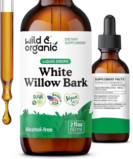 [BRSRAGQEAEFQODTP] Vahşi ve Organik Beyaz Söğüt Bark Ölçeği - Genel olarak Well-Being Supplement - 500 mg White Willow Bark Herb Tincture - No Alkol & Sugar, Non-GMO - 2 fl ozz