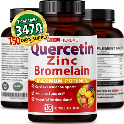 [BRSW2YIPCEBWK3TD] Premium High Purity Quercetin 98% with Bromelain Capsules for Maximum Potency with Green Tea Ashwagandha - Supports Overall Health Strength Energy - 90 Days Supply