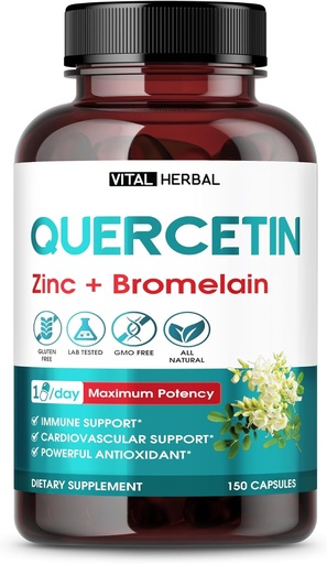 [BRSW2YIPCEBWK3TD] Quercetina de alta pureza Premium 98% con cápsulas de bromelaina para potencia máxima con té verde Ashwagandha - apoya la energía total de la fuerza de salud - 150 días de suministro