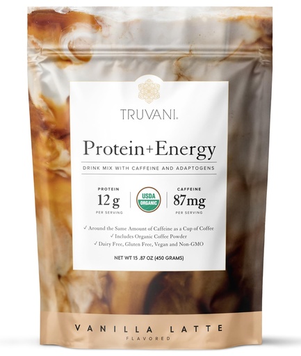 [BRSRM2QBA4OW2YD7] Truvani Protein + Energy Drink Mix with 87mg Caffeine | Vanilla Latte | 12g Organic Plant Based Protein | 20 Servings | USDA Organic Coffee Powder & Adaptogens | Gluten & Dairy Free | Vegan | Non-GMO
