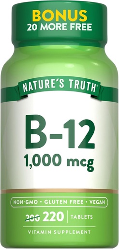 [BRSWECQECIDWCH3B] Naturens sannings vitamin B12 tabletter | 1000 mcg | 220 greve | Vegan, icke-GMO & Gluten fri tillägg
