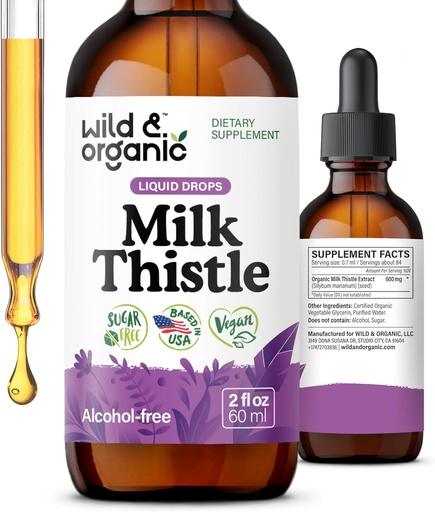 [BRSROY32BN6REFLK] Wild " Organic Milk Thistle Extract drops - Liver Cleanse Support - Milk Thistle Liver Detox Tincture - Silymarin supplement - Silybum Marianum Seeds - Vegan, Sugar " Alcohol-Free - 2 fl oz