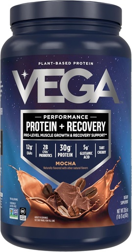 [BRSWKZANPIABGHD6] Vega Sport Vegan Protein Powder + Recovery - 30 г растительного белка на сервировку, Mocha, 19 сервировок, 5 г BCAA, пробиотики, сертифицированные NSF, для встряхиваний и смузи, 1,8 фунта (упаковка майская вари)