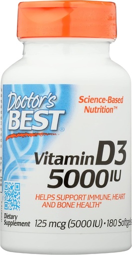 [BRSRMEICDFYRA2TJ] Doctors Best Vitamin D3 5000IU, Non-GMO, 180 Softgel (Pack of 1)