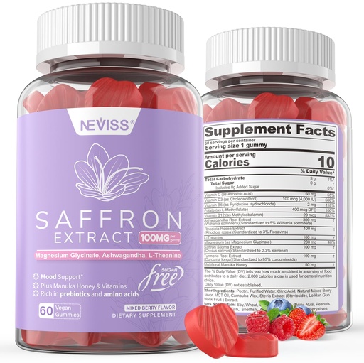 [BRSROFANDICAE33D] Saffron Supplements Gummies 100mg - 100% Pure Saffron Extract With Magnesium Glycinate, L-Theanine, Turmeric, Ashwagandha, Honey & Vitamin B Complex for Mood & Power, Antioxidant, Vitality - 120 Count