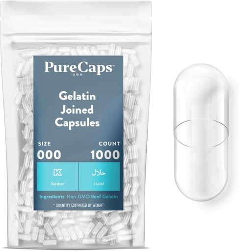 [BRSWIG33AB4BGCI3] PureCaps USA - Empty Gelatin Pill Capsules Size 000 | 1,000 Joined Pills| Clear| Non-GMO Certified | SLS, Gluten, Preservative Free