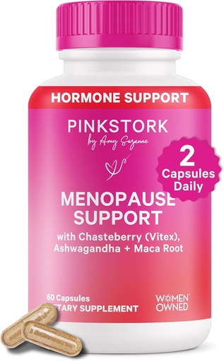 [BRSWYYY5CJ5R6F33] Pink Stork Menopause Støtte til kvinder - Hot Flash, Mood, Sove, Vægt, Cortisol & Hormonal Balance - Vegan, Estrogen- Free Perimenopause Relief - Ashwagandha, Maca - 60 Kapsler