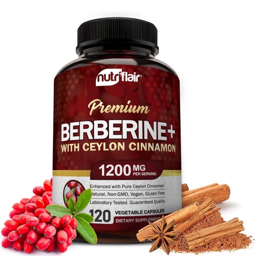 [BRSWYGQBCIPBMG3X] NutriFlair Premium Berberine HCL 1200mg, 120 Capsules - Plus Pure True Ceylon Cinnamon, Berberine HCI Root Supplements Pills - Immune System - Made in USA