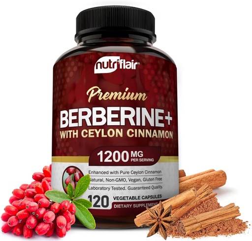 [BRSWYGQBCIPBMG3X] NutriFlair Premium Berberine HCL 1200mg, 120 kapsulak - Plus Pure True Ceylon Cinnamon, Berberine HCI Root Supplements Pills - Immune System - Optimal 8% HCl