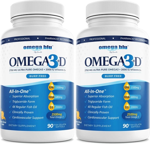 [BRSROYARDMBGEH33] Triple Strength Pharmaceutical Grade Fish Oil 2750mg - Vitamin D3 50mcg - 1500mg EPA - 680mg DHA - Heart - Cholesterol - LDL - HDL - No Burps or Heartburn - High Concentration - 90 Servings